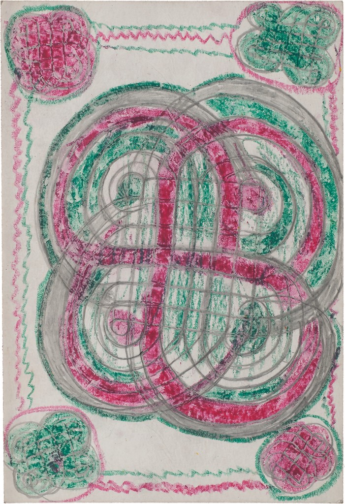 Green, red, and graphite swirling pattern in a clover shape; large green circles in upper left and bottom, large red circles in upper right and bottom left.