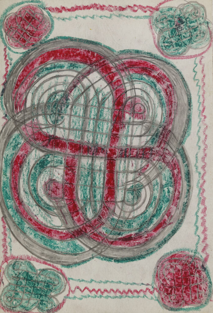 Green, red, and graphite swirling pattern in a clover shape; large green circles in upper left and bottom, large red circles in upper right and bottom left.