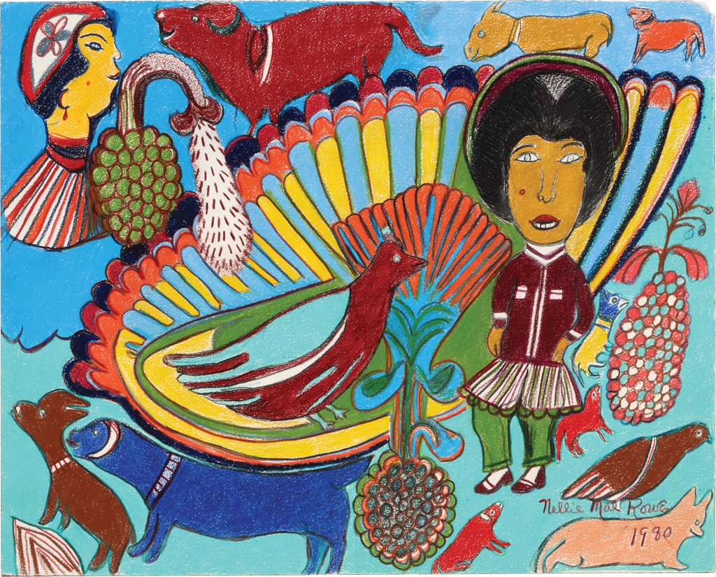 A woman stands among several animals and in front of a large, multicolored scalloped wing, in which stands a bird with red and blue feathers. A profile of another woman floats in the top left corner.