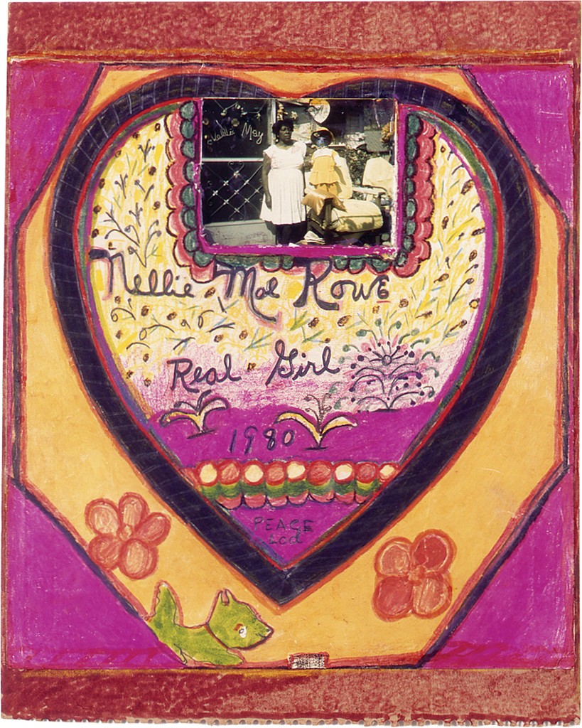 A large heart houses a photo of Nellie Mae Rowe and the text “Real Girl” and “Peace God”; a crayon-drawn magenta, yellow, and brown frame surrounds the heart.