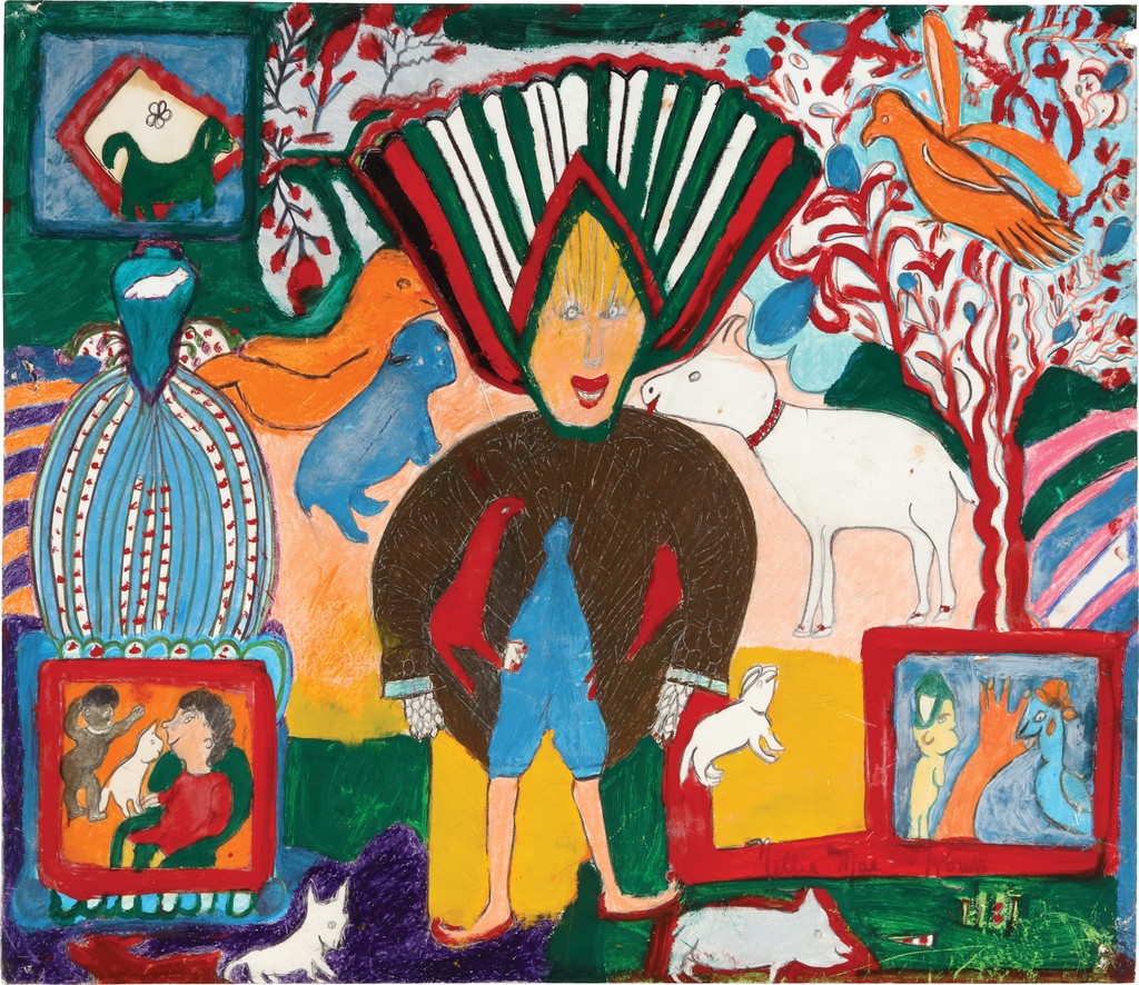 A large peach-colored person wearing a brown coat and a headdress stands among several plants and animals against a busy, colorful background. Scenes in the bottom corners each depict a child with his pet and mother. 
