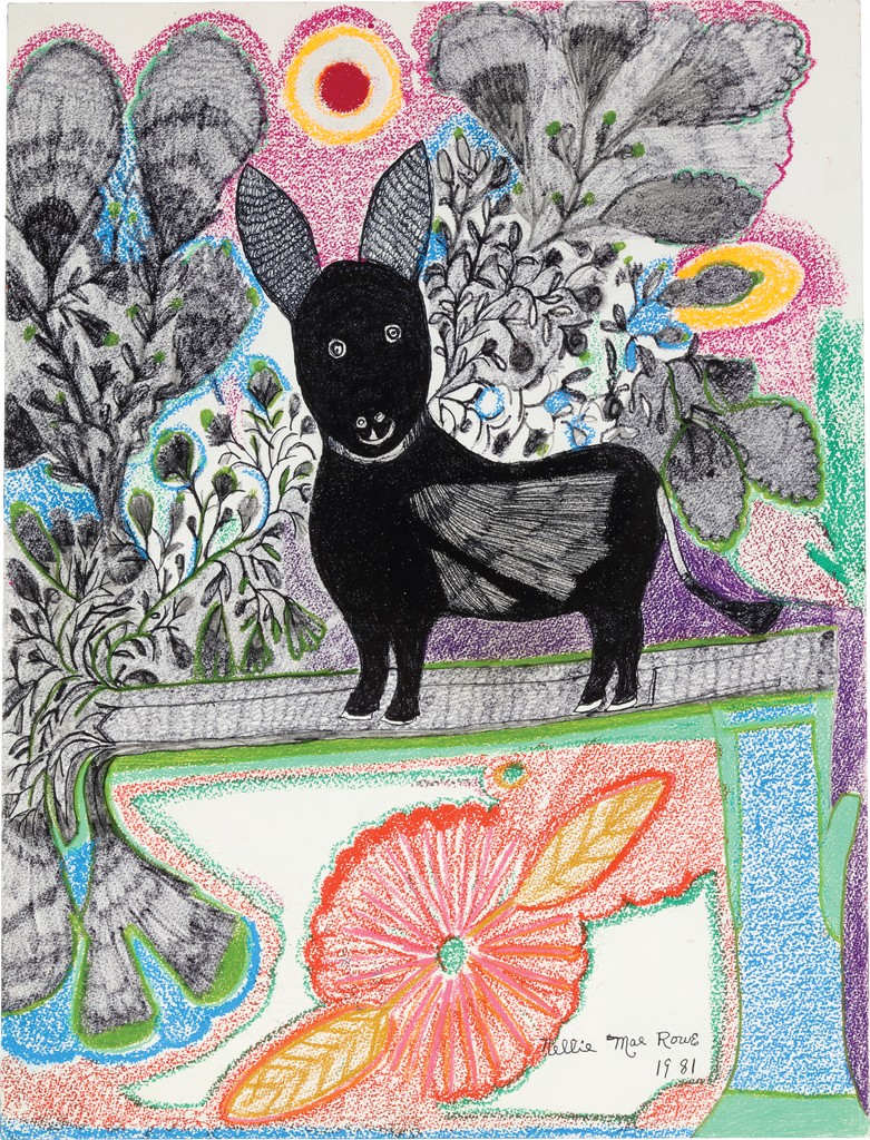 A black, winged, doglike creature stands among several flowers and plant life, including a bright orange flower directly below its legs.
