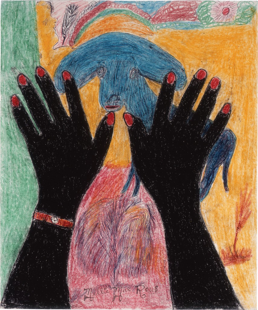 Black crayon-drawn hands with red painted fingernails hover above a blue creature, all against a green, red, and yellow background with a few depictions of trees.