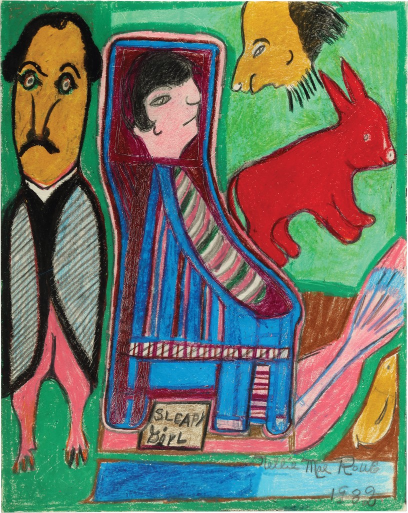 A head floats within a blue and red chair with the text “Sleepy Girl” written below; a red animal, a bodiless head, and a human head attached to a bird’s body float around the scene.