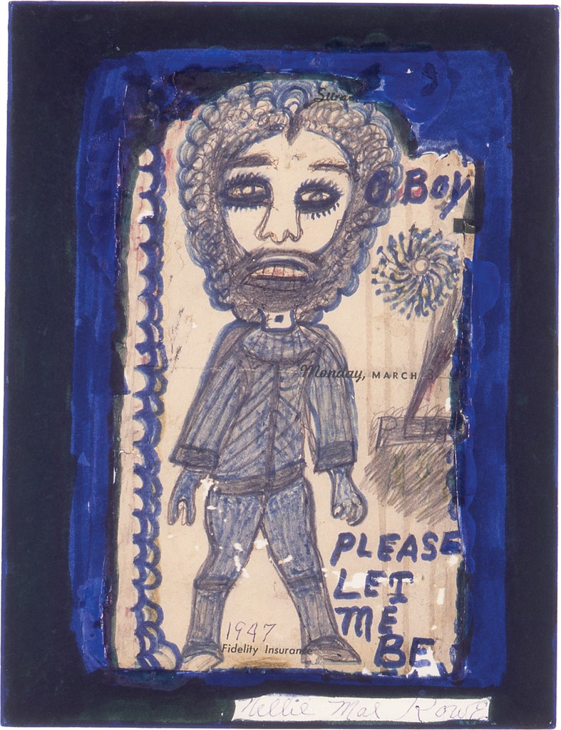 A front-facing figure drawn with pencil and blue marker against a white background with blue and black borders; “boy” and “please let me be” written in marker. 