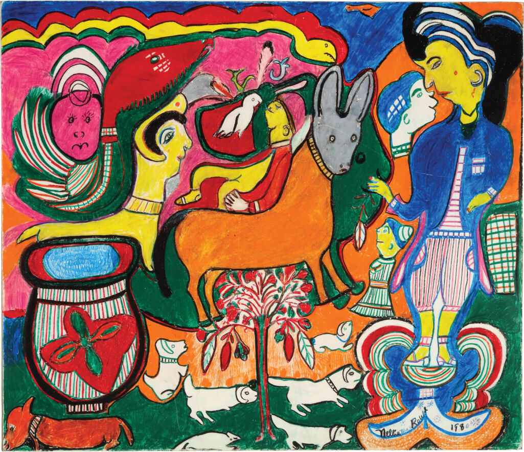 A human with yellow skin and a blue blazer looks downward at an orange doglike creature among several depictions of plants and other animals against a colorful background. 