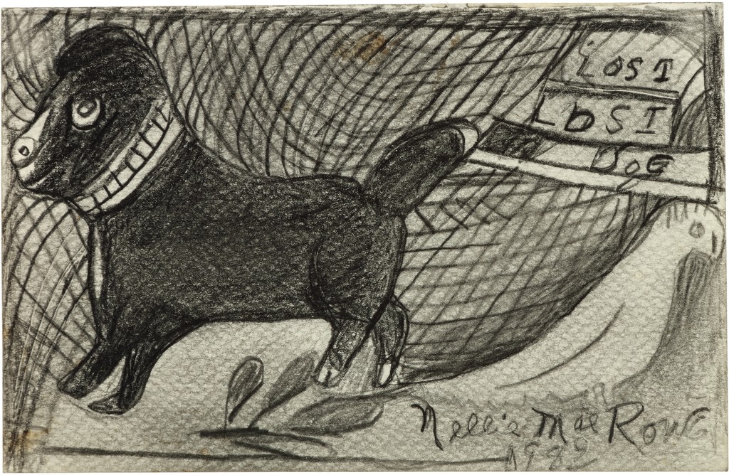 Against a shadowy background, a large dog drawn with black crayon walks off the page away from a white bird; text in the top right corner reads, 
