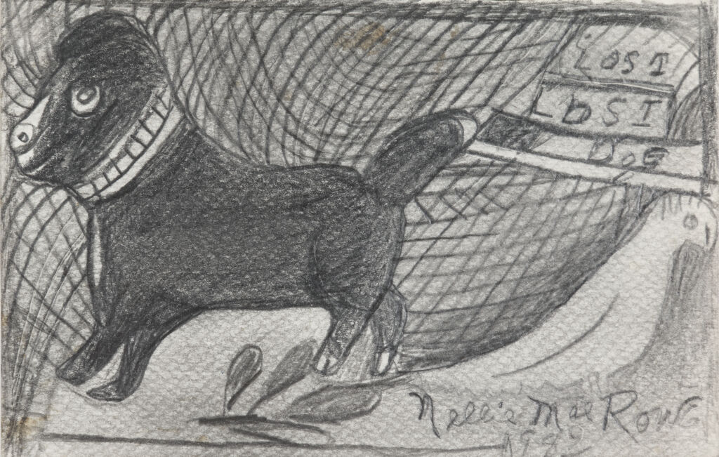 Against a shadowy background, a large dog drawn with black crayon walks off the page away from a white bird; text in the top right corner reads, 