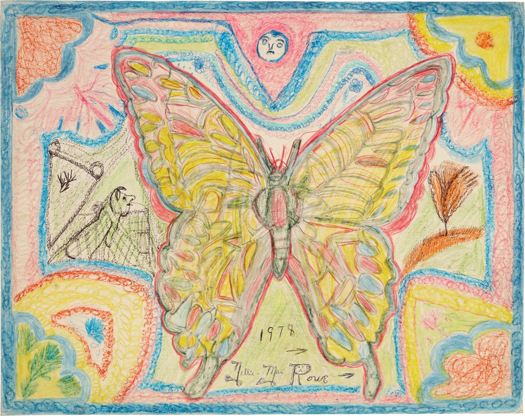 In the center of an ornate frame is an intricate yellow, green, blue, and red butterfly surrounded by small depictions of animals and natural elements.