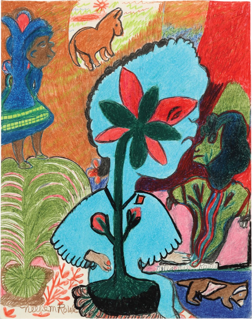 A cerulean human sits at the base of a tree that appears to grow up and through the body; they are surrounded by depictions of plants, animals, and two other human-plant hybrid figures against a multicolored background.