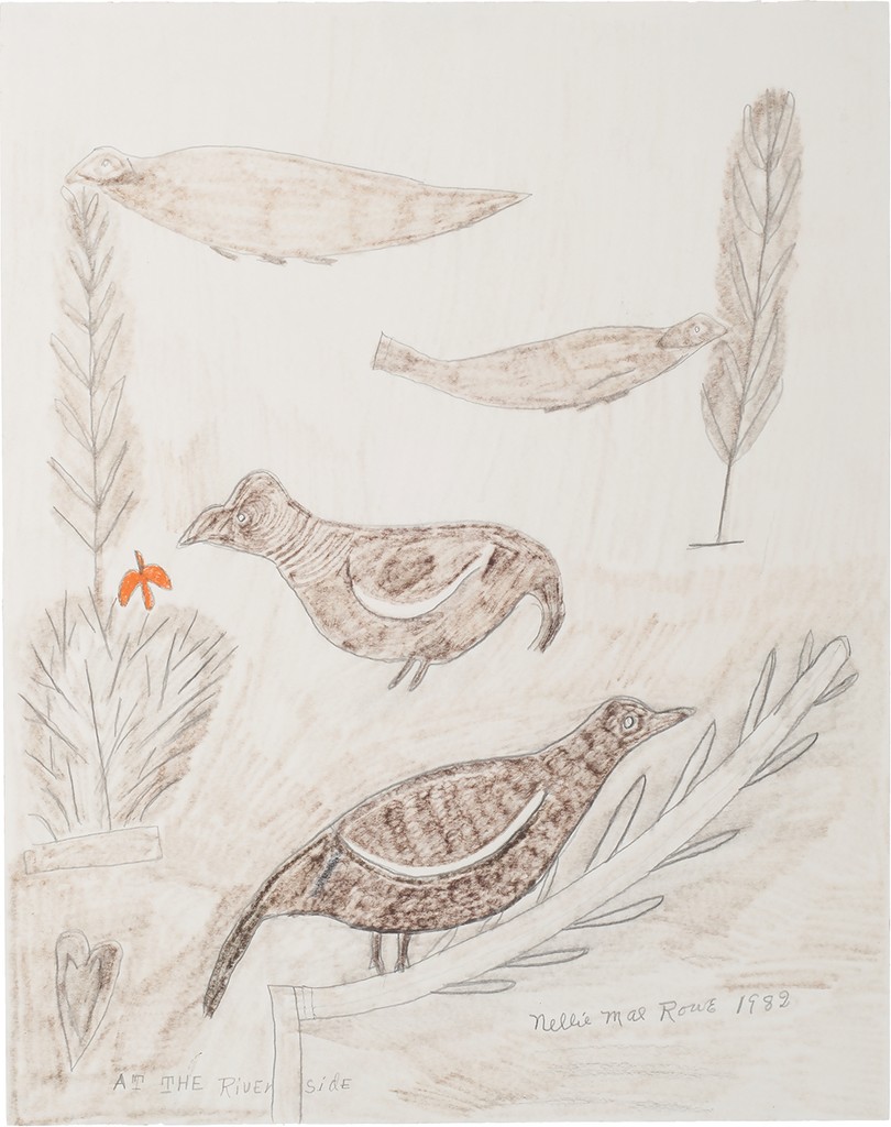 Four brown crayon-drawn birds depicted in a cascading order down the page eat from the leaves of brown plants.