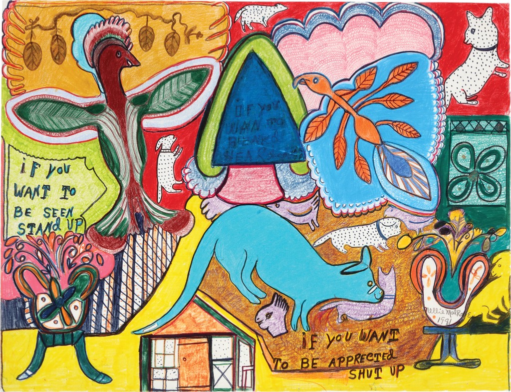 A busy, colorful scene with depictions of plants and animals includes text that reads, “if you want to be seen stand up,” “if you want to be heard speak up,” “if you want to be appreciated shut up.” 