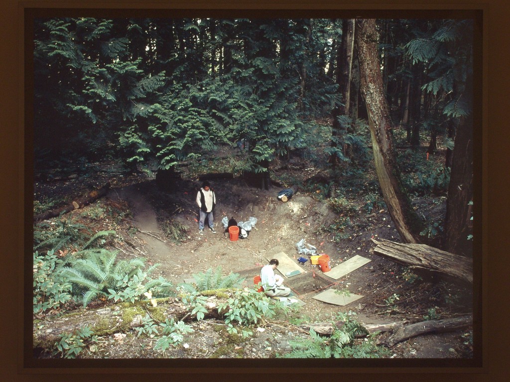 Fieldwork. Excavation of the floor of a dwelling in a former Sto:lo nation village, Greenwood Island Hope, British Columbia August, 2003.  Anthony Graesch, Department of Anthropology, University of California at Los Angeles, working with Riley Lewis