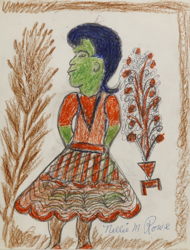 A front-facing woman in a red dress with her a distorted face, turned left, and green skin; brown, feathery plant and border around her.