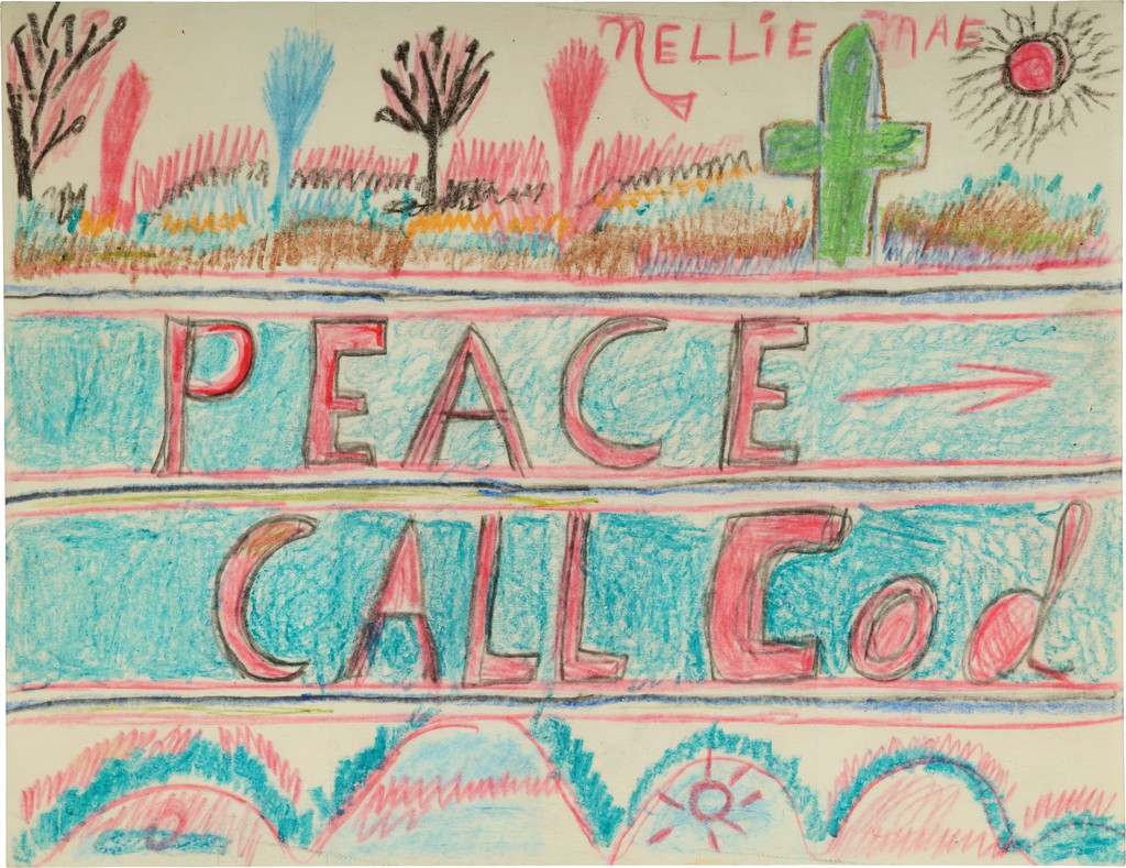 Multicolored drawing with large, pink block lettering: “PEACE” with an arrow and below “CALL God” with bright green cross and red sun in top right corner.