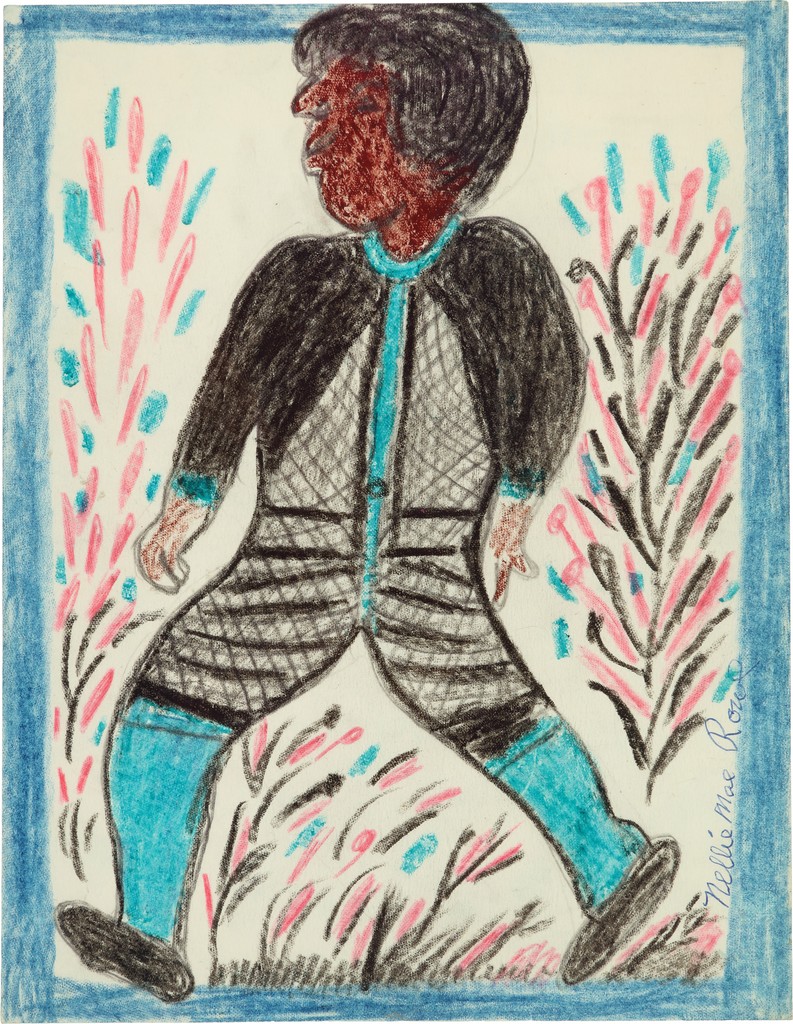 Drawing of a standing figure in a walking motion with body facing front, wearing black and blue outfit, with bright blue socks, surrounded by red and blue plants.