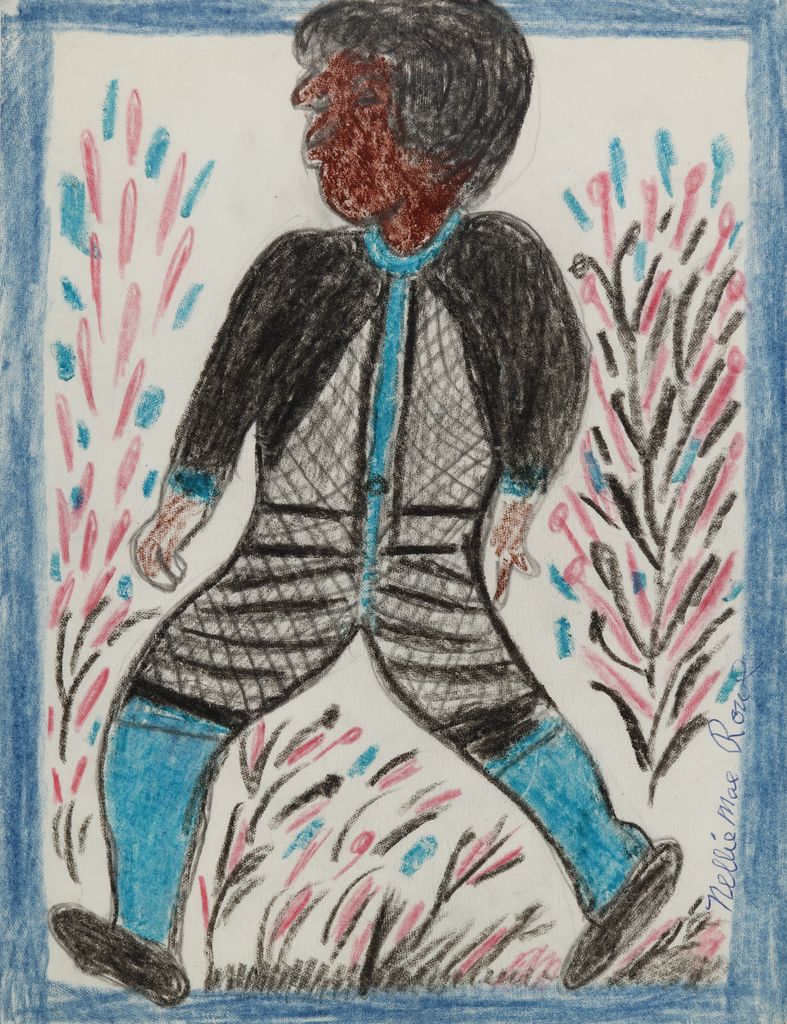 Drawing of a standing figure in a walking motion with body facing front, wearing black and blue outfit, with bright blue socks, surrounded by red and blue plants.