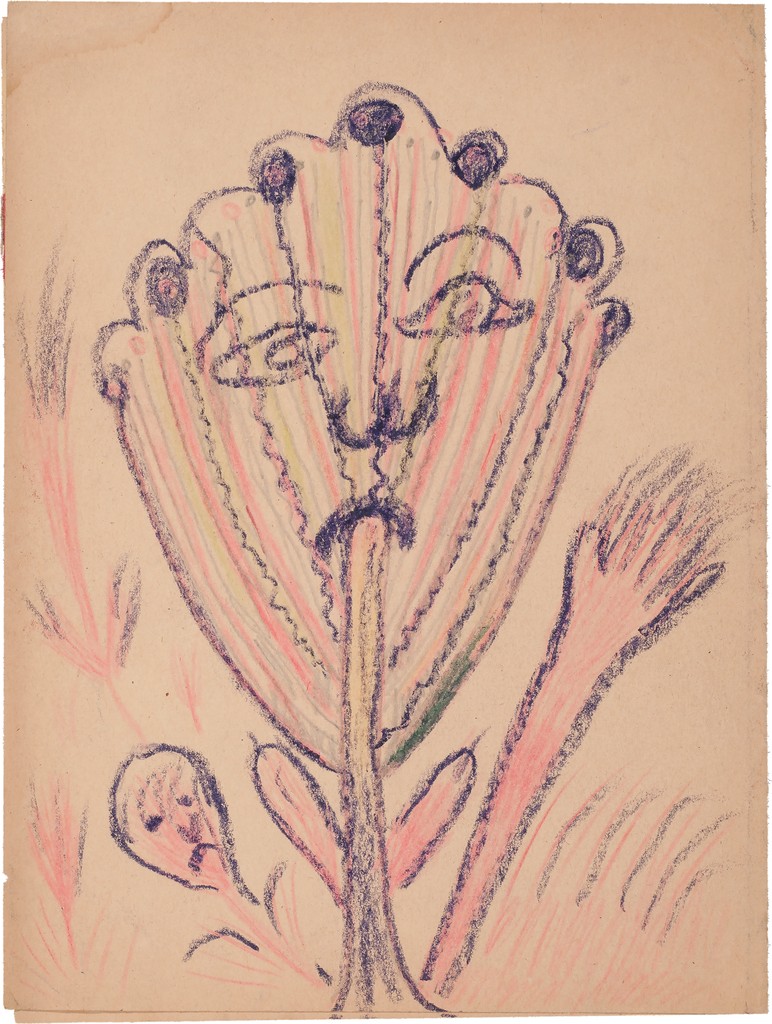 A whimsical, flat plant leaf with curved edges and frowning face, outlined in purple crayon and colored with light pink, yellow, and blue pencil. 