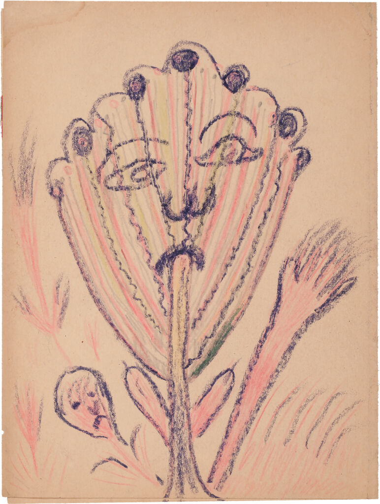 A whimsical, flat plant leaf with curved edges and frowning face, outlined in purple crayon and colored with light pink, yellow, and blue pencil. 