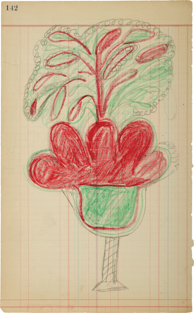 Drawing on ledger paper of a flower arrangement with skinny base, round green bowls, and red, cloud-like shape supporting a skinny red stem with teardrop leaves. 