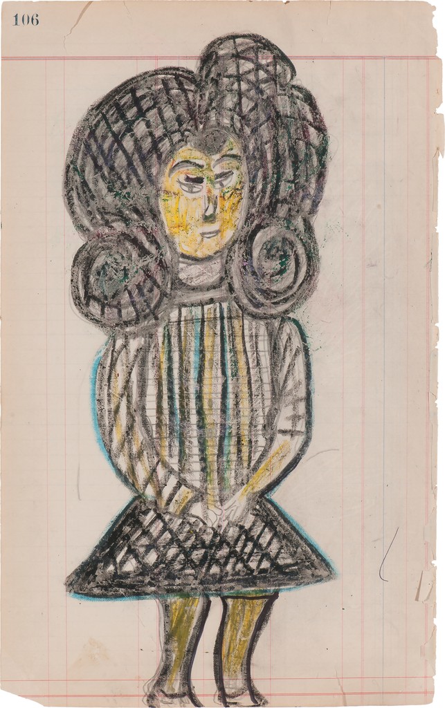 Drawing on ledger paper of a woman standing with hands held in front of her, wearing a black striped dress, with some yellow, green, and white, and voluminous black hair.