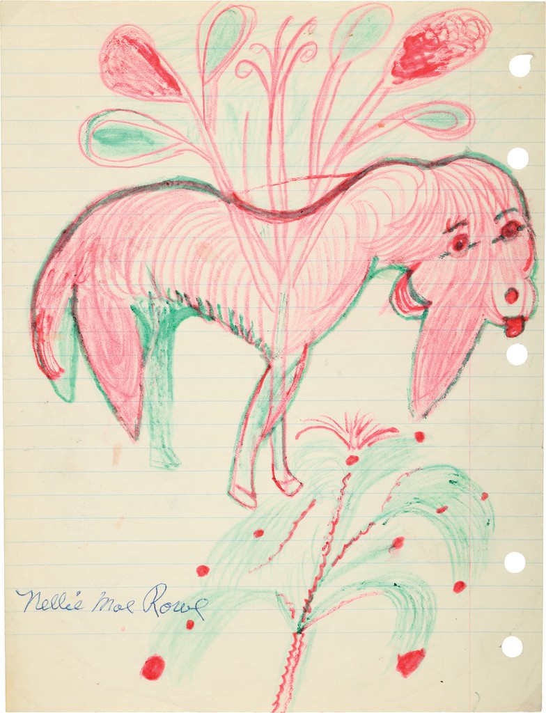 Drawing on ruled paper depicting a pink creature, with two front hoofs; six stems with teardrop shapes at the end, in green and red, sprout out of the figure.