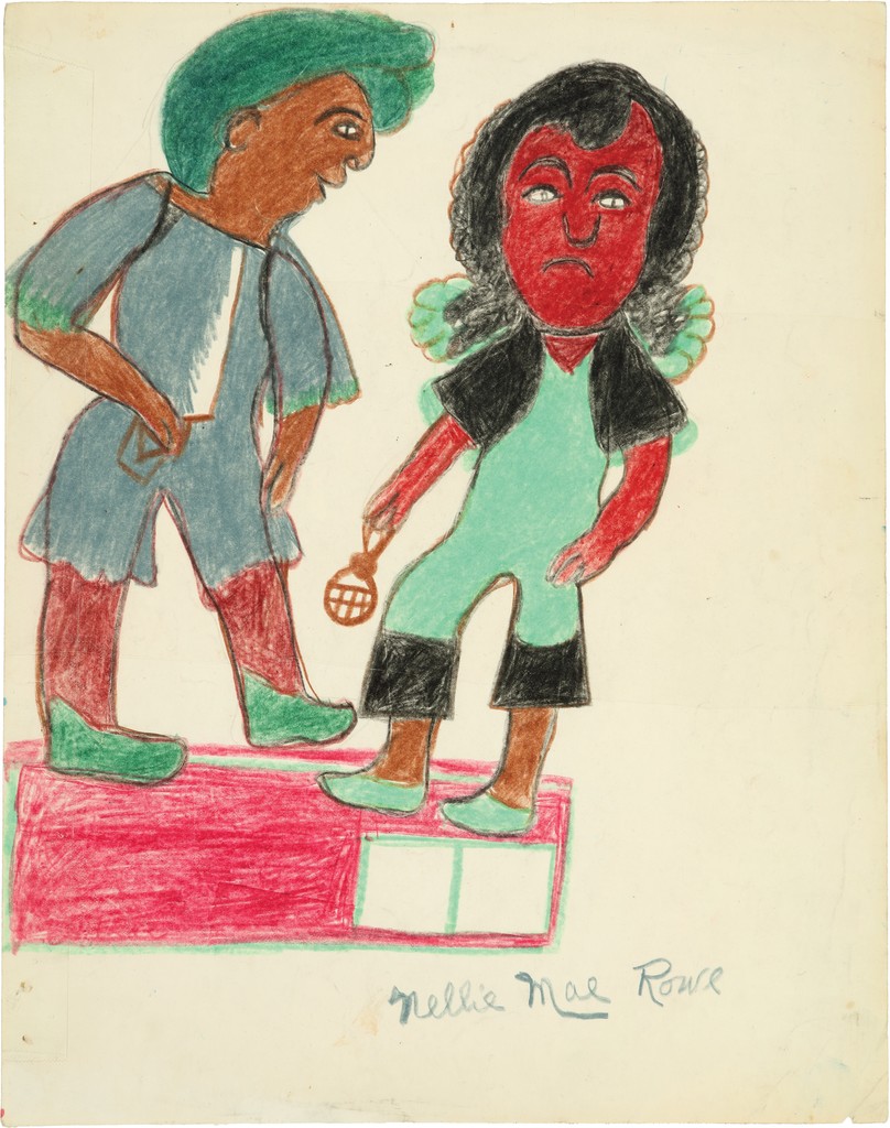 Two figures stand on red rectangle surface; one has a light blue outfit and medium-brown skin with green hair, head turned toward other figure with bright red skin and a frown.