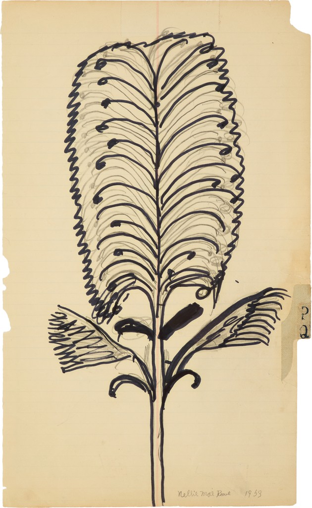 A large, flat leaf and stem outlined in black marker with pencil marks as leaf veins on cream-colored, ruled paper. 