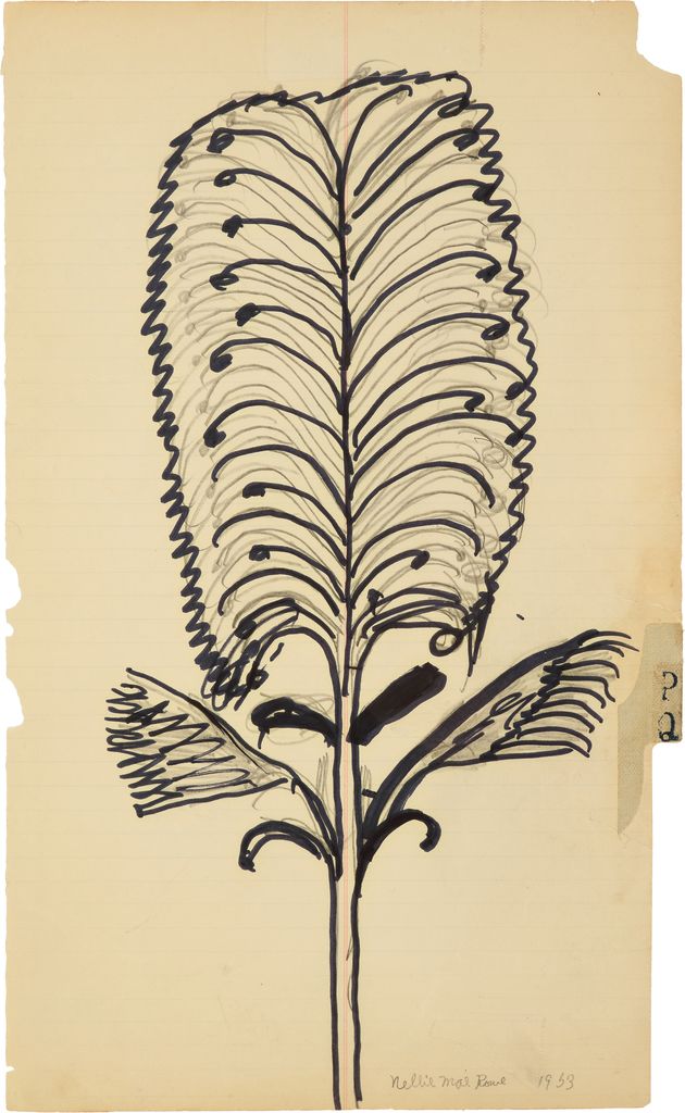 A large, flat leaf and stem outlined in black marker with pencil marks as leaf veins on cream-colored, ruled paper. 