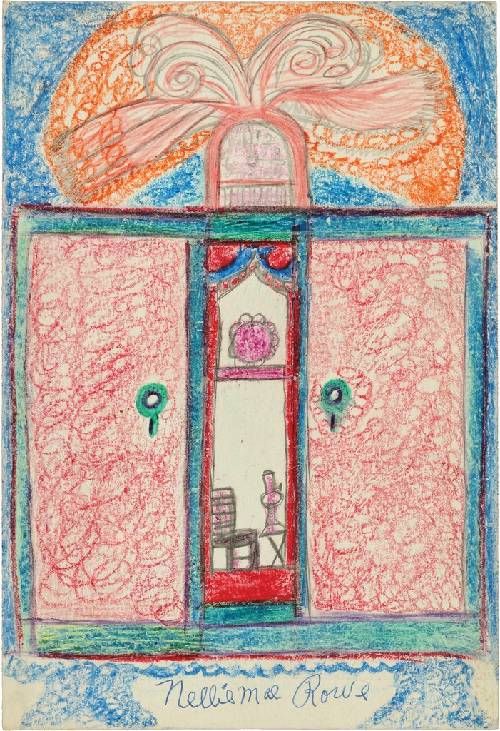 Drawing of two large red doors with blue handles and doorframes; between the doors, a slim glimpse into interior with red chair; a large, orange, peacock-shaped decoration above door.