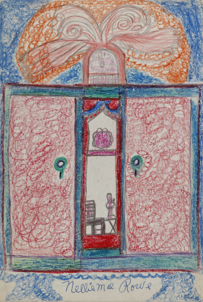 Drawing of two large red doors with blue handles and doorframes; between the doors, a slim glimpse into interior with red chair; a large, orange, peacock-shaped decoration above door.