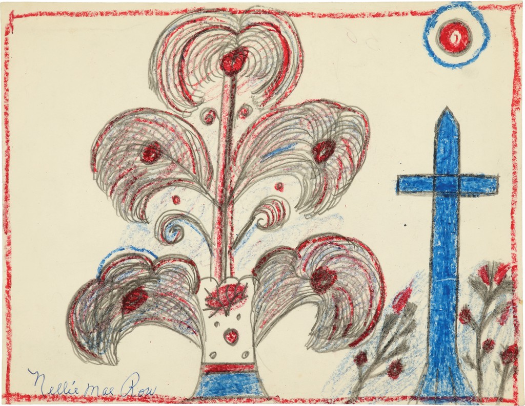Single-line red border around drawing of curved foliage with red and blue accents next to a blue cross with a sharp edge at top.