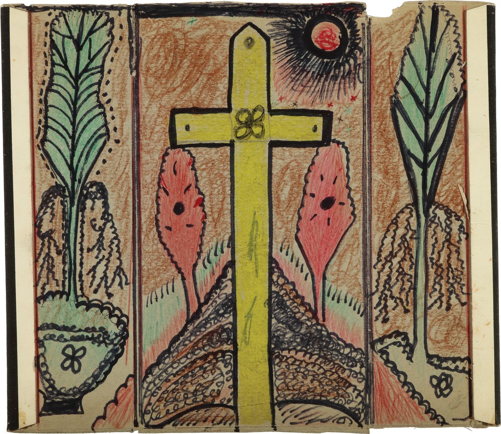Drawing of a large yellow cross outlined in thick black marker, two skinny red trees behind it, flanked by two potted, standing, green leaves, against a brown background.