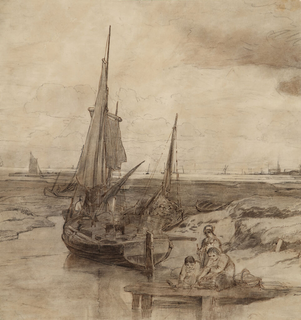 Figures on a Dock, Fishing Boats Beyond