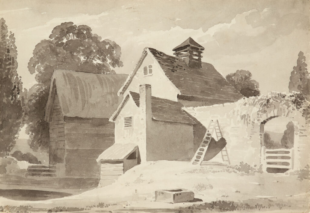 Farm Buildings by a Pond