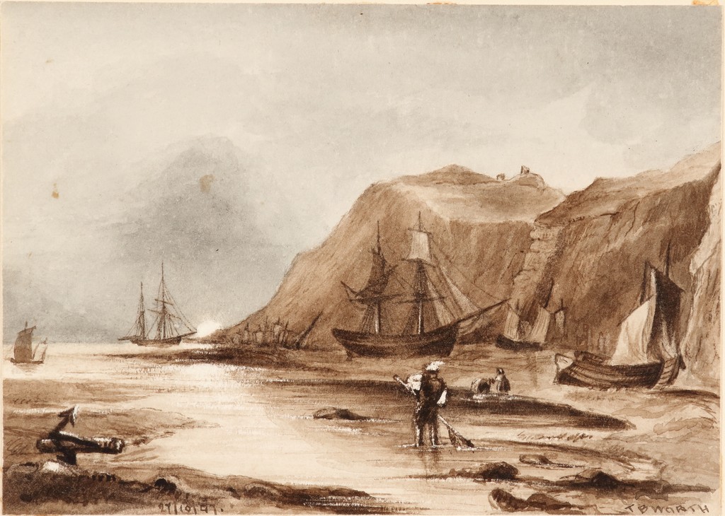 Seaweed Gatherers on a Rocky Shore with Shipping