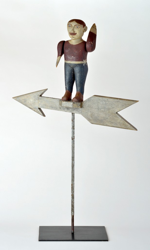 American polychrome carved wooden whirligig depicting John L. Sullivan on arrow on metal base
