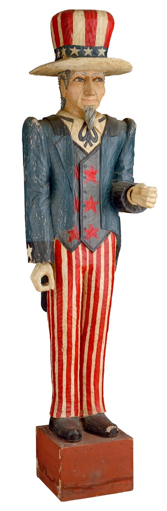 American polychrome carved wooden sculpture depicting standing Uncle Sam on wooden box; purported to have been used as an advertising sign for the Sky Lodge Resturant
