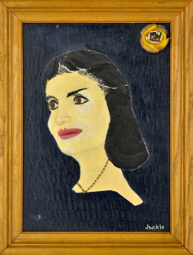 American polychrome carved wooden head and shoulder portrait depicting Jackie Kennedy