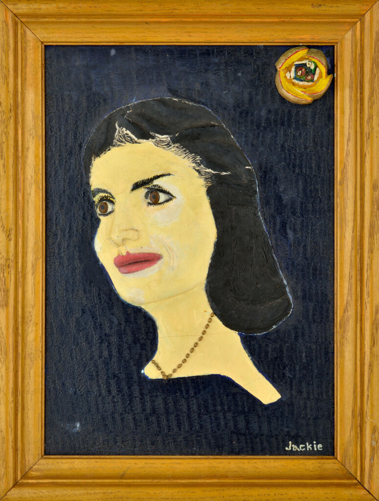 American polychrome carved wooden head and shoulder portrait depicting Jackie Kennedy