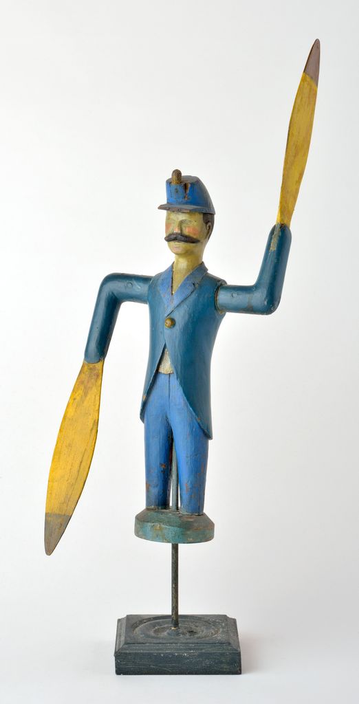 American polychrome carved wooden figural soldier whirligig on wooden stand