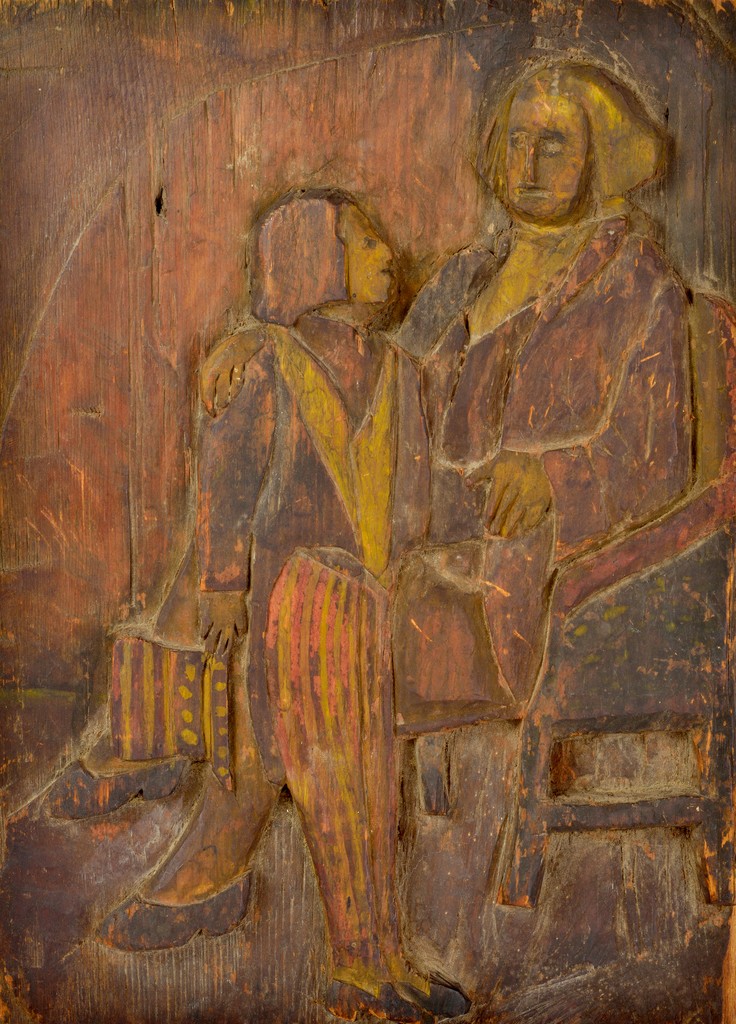 American polychrome carved wooden plaque depicting seated George Washington with Brother Jonathan (precursor to Uncle Sam) at his knee, possibly originally part of a larger piece, with faded paint