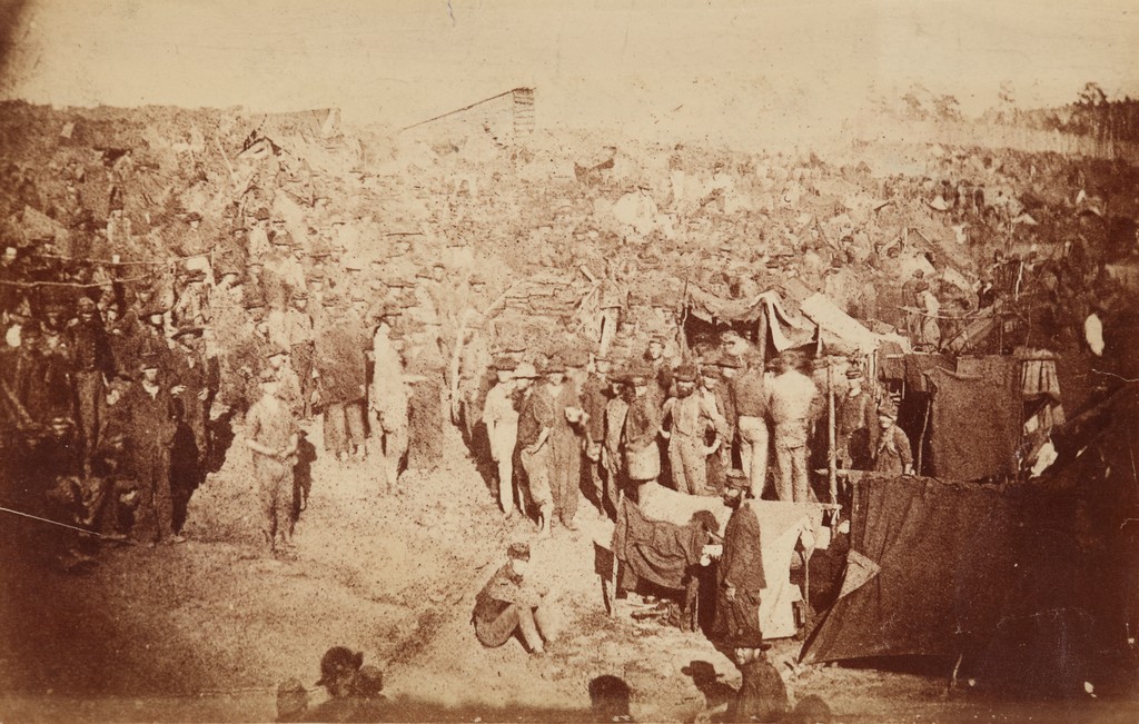 Union Prisoners of War at Camp Sumter, Andersonville Prison, Georgia. View from the main gate of the stockade, August 17