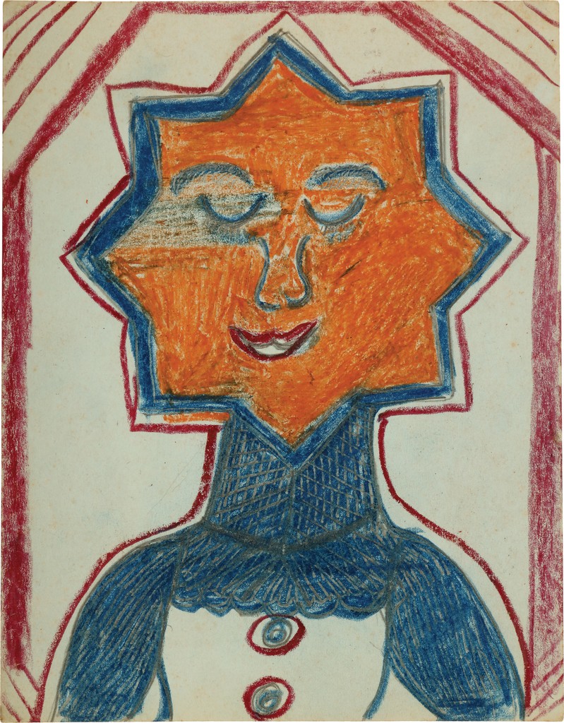 Crayon drawing of a figure with a blue neck and blue-outlined, eight-sided star (octogram), colored in orange with blue closed eyes, nose, and eyebrows and a red smiling mouth.