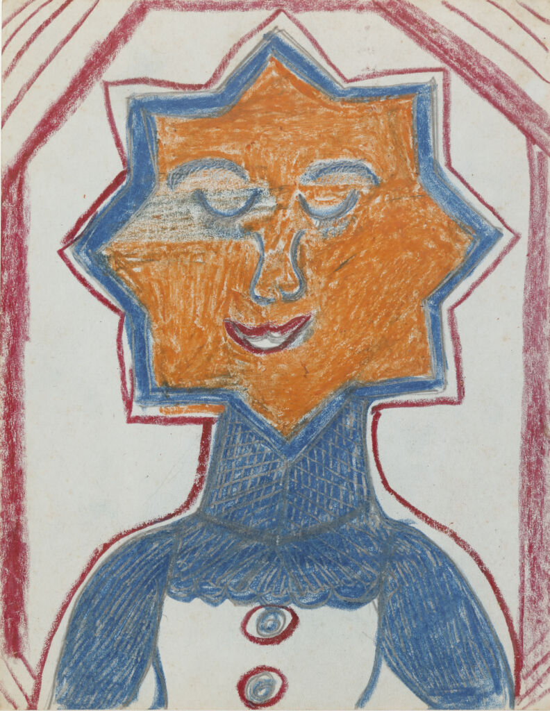 Crayon drawing of a figure with a blue neck and blue-outlined, eight-sided star (octogram), colored in orange with blue closed eyes, nose, and eyebrows and a red smiling mouth.