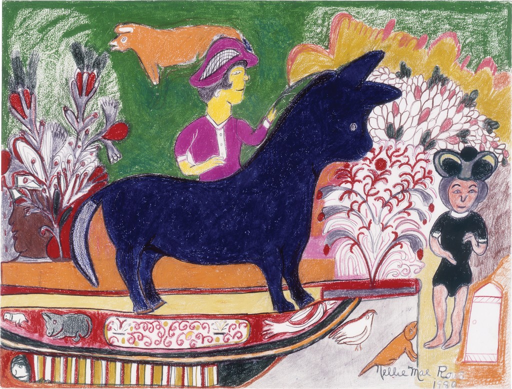 A woman wearing a magenta top and hat rides a dark blue dog, surrounded by plants, animals, and human faces against a green, orange, and red background.
