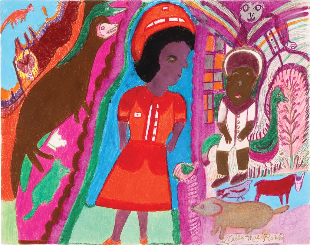 A crayon-drawn woman wearing an orange and red dress is surrounded by several creatures and a brown child, all against a cerulean, orange, and magenta background.