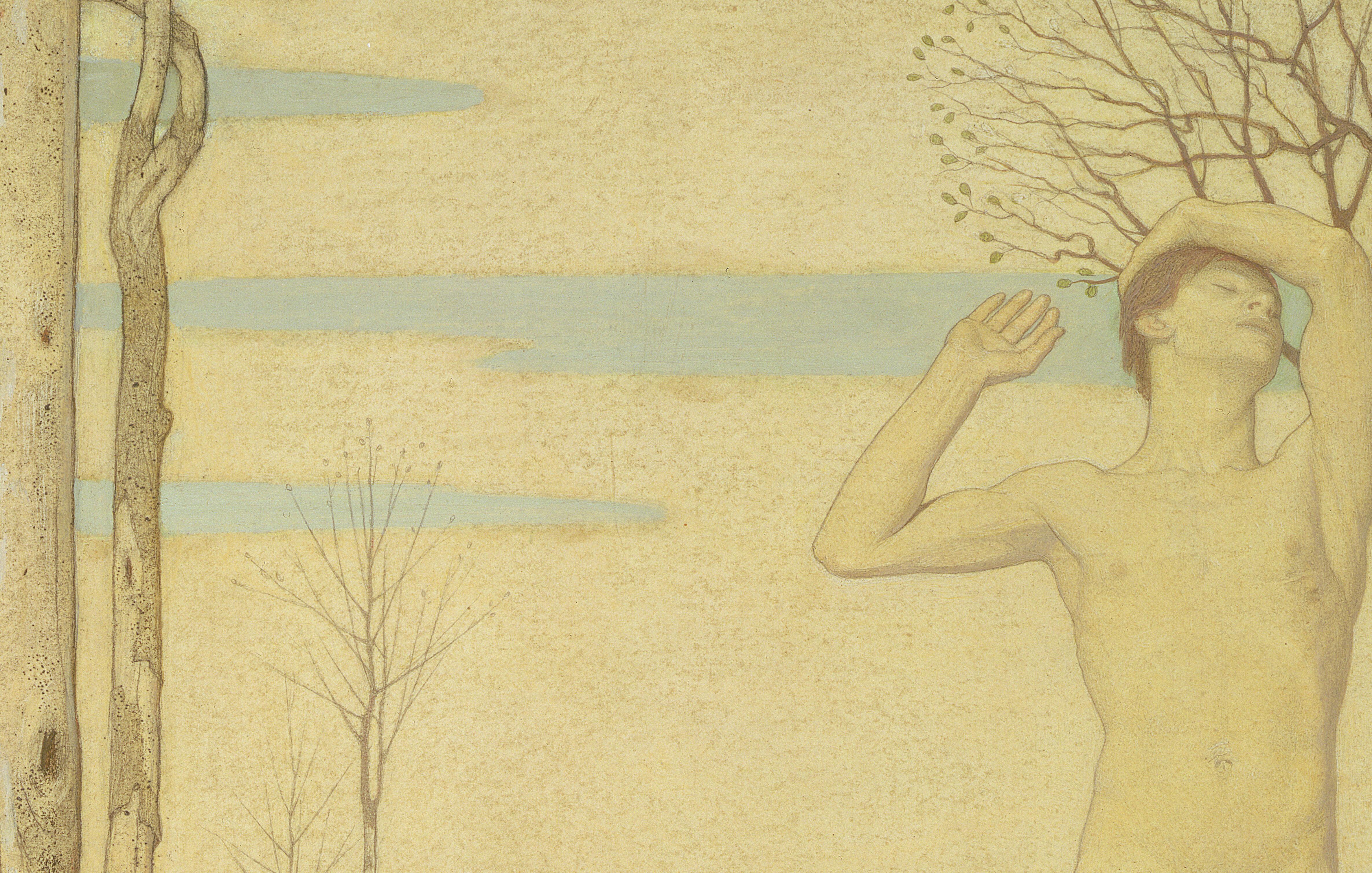 Frederick Cayley Robinson, <i>The Youth</i>, 1923, charcoal, watercolour, gouache, pastel, oil, and pencil on panel, 46.3 x 62.2 cm. Private Collection. Digital image courtesy of Fine Art Society (All rights reserved).