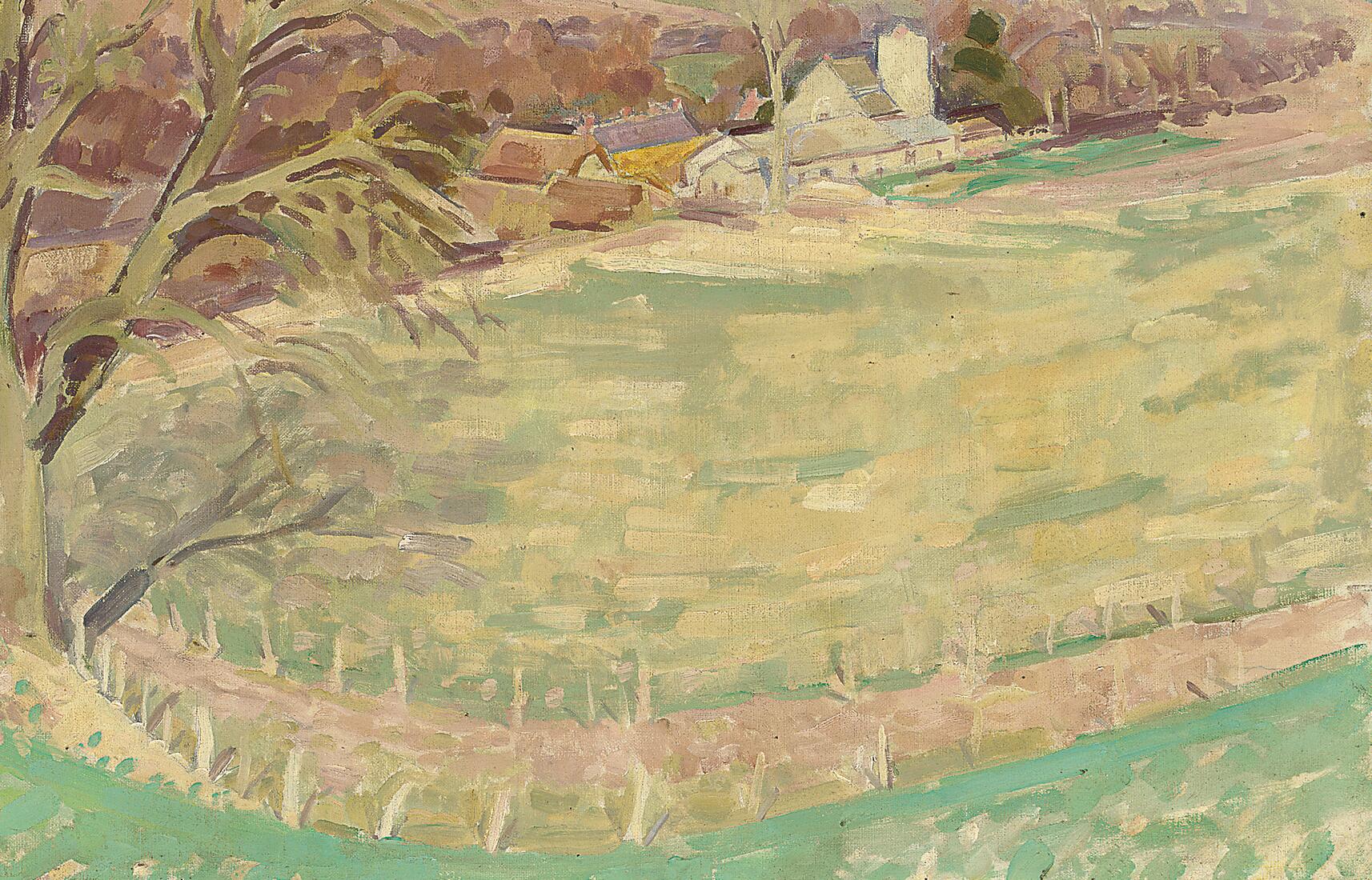 Henry Lamb, <i>Evening in the Village</i> [exhibited as <i>Wiltshire Village</i>], 1935, oil on canvas, 163 x 262 cm. Collection of Messums Wiltshire. Digital image courtesy of Messums Wiltshire.