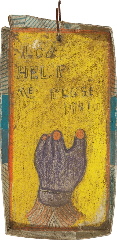 The inside of a shoebox lid is colored yellow with text reading “Lord Help Me Please” at the top; a purple handlike shape with orange fingernails is at the bottom. 